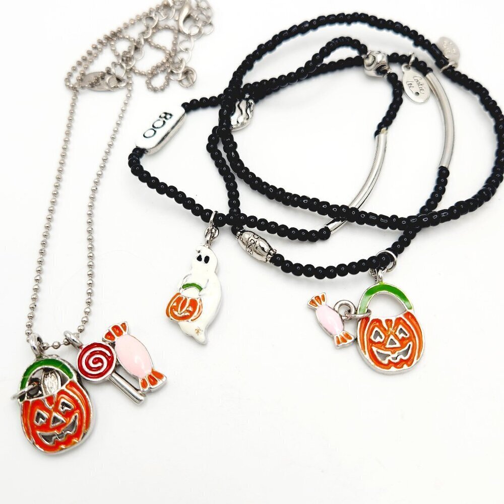 Cookie Lee Halloween Pumpkin Ghost Candy Charms Enamel Necklace & Bracelet Lot